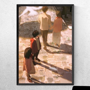 May include: A group of four people walking down a cobblestone street. The people are all wearing casual clothing and are looking down at the ground. The street is lined with buildings on either side. The image is in a muted color palette with a focus on the people and their shadows.