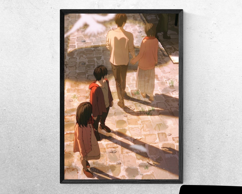 May include: A group of four people walking down a cobblestone street. The people are all wearing casual clothing and are looking down at the ground. The street is lined with buildings on either side. The image is in a muted color palette with a focus on the people and their shadows.