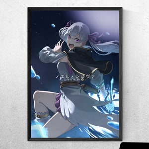 May include: A digital illustration of a female anime character with long white hair, purple eyes, and a black and white outfit. She is holding a blue and white staff and is surrounded by blue and white magical effects. The text "Noelle Silva" is written in Japanese on the image.