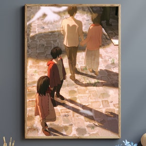 Op de afbeelding: Een digitaal schilderij van vier mensen die op een straat met keien van de kijker weg lopen. De mensen dragen allemaal casual kleding en hebben hun rug naar de kijker toe. Het schilderij is gemaakt in een zachte, gedempte kleurenpalet en heeft een dromerige, nostalgische uitstraling.