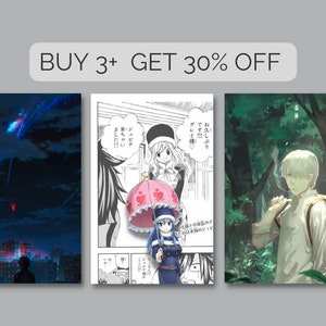 May include: Three different anime-style illustrations. The first image is a night scene with a city skyline and a person standing in the foreground. The second image is a black and white manga panel with two characters. The third image is a forest scene with a person walking through the trees.