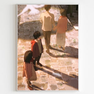 May include: Four figures, two adults and two children, walk away from the viewer on a cobblestone path. The adults are holding hands, and the children are walking behind them. The figures are silhouetted against a bright, sunny sky.