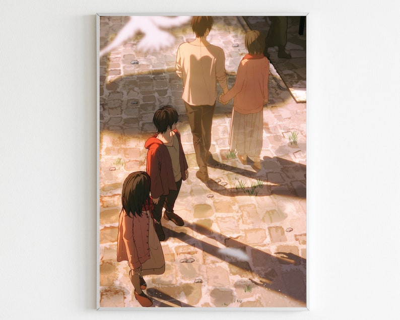 May include: Four figures, two adults and two children, walk away from the viewer on a cobblestone path. The adults are holding hands, and the children are walking behind them. The figures are silhouetted against a bright, sunny sky.