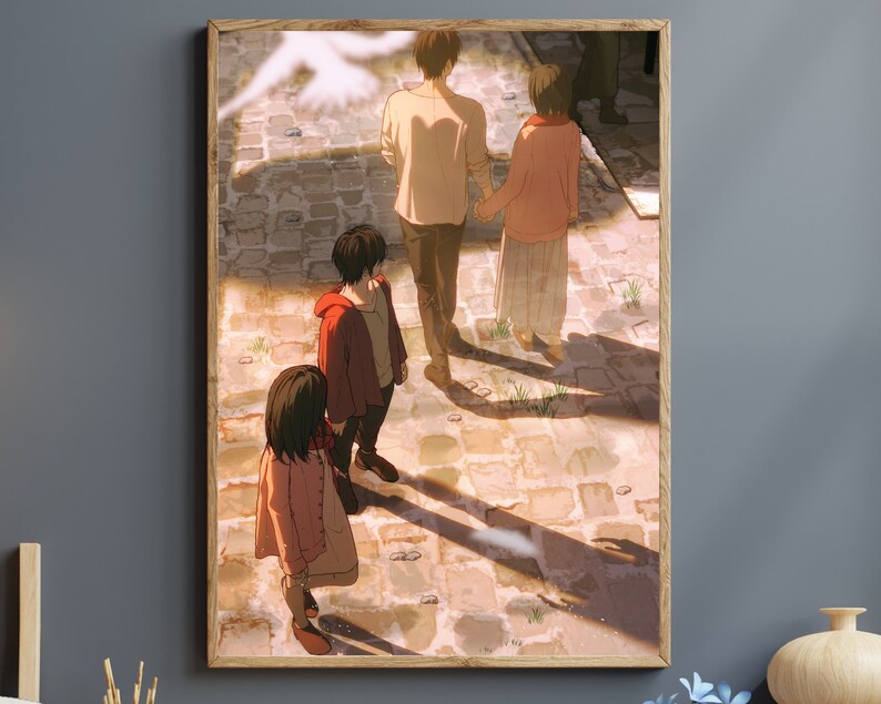May include: A digital painting of four people walking away from the viewer on a cobblestone street. The people are all wearing casual clothing and have their backs to the viewer. The painting is done in a soft, muted color palette and has a dreamy, nostalgic feel.