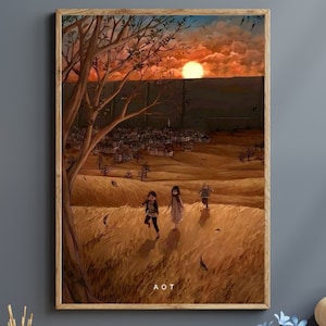 May include: A digital illustration of three figures walking away from a town in a field. The figures are silhouetted against a sunset with a large, orange sun. The text "AOT" is at the bottom of the image.
