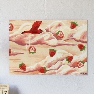 Glanz Kunstdruck | Cardinal Bird Erdbeere | Einzigartiger Druck | Kawaii-Stil | Vogel-Liebhaber-Geschenk | Rosa Ästhetik