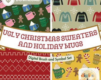 Pincéis de Natal do Adobe Illustrator, pincéis de suéter feio de Natal, canecas de Natal, pincéis de Fair Isle, símbolos de Fair Isle, elementos de férias