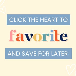 Pode incluir: Fundo bege claro com texto em uma fonte l&uacute;dica. O texto diz "CLICK THE HEART TO favorite AND SAVE FOR LATER" em uma mistura de cores, incluindo rosa, laranja, amarelo, verde-azulado e azul marinho. Rabiscos de cora&ccedil;&otilde;es brancos nos cantos.