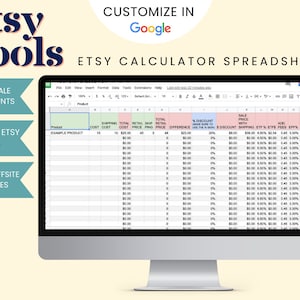 May include: A computer screen displays an Etsy calculator spreadsheet with columns for product cost, shipping, and profit. The screen also shows the text "Etsy Tools" and options to add sale discounts, deduct Etsy fees, and tally offsite ad fees.