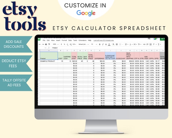 Print on Demand Etsy Calculator Spreadsheet, Editable Google Sheet, Determine Etsy Fees, Enter Sale Discount, Profit Calculator for P.O.D.
