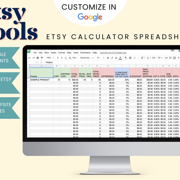 Print on Demand Etsy Calculator Tabelle, bearbeitbares Google Sheet, Etsy-Gebühren ermitteln, Verkaufsrabatt eingeben, Gewinnrechner für P.O.D.