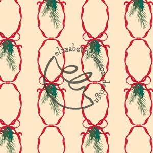 Christmas Bows and Holly Repeating Pattern, Christmas Seamless Pattern, Red Ribbon Pattern, Wrapping Paper Pattern, Wallpaper Pattern,