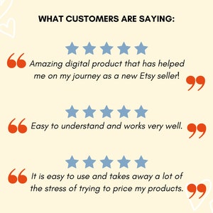 Pode incluir: Gr&aacute;fico bege claro com o texto "WHAT CUSTOMERS ARE SAYING:" e avalia&ccedil;&otilde;es de clientes. As avalia&ccedil;&otilde;es incluem classifica&ccedil;&otilde;es de cinco estrelas e cita&ccedil;&otilde;es como "Amazing digital product that has helped me on my journey as a new Etsy seller!"