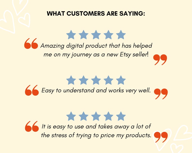 Pode incluir: Gr&aacute;fico bege claro com o texto "WHAT CUSTOMERS ARE SAYING:" e avalia&ccedil;&otilde;es de clientes. As avalia&ccedil;&otilde;es incluem classifica&ccedil;&otilde;es de cinco estrelas e cita&ccedil;&otilde;es como "Amazing digital product that has helped me on my journey as a new Etsy seller!"