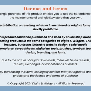 Pode incluir: Gr&aacute;fico azul claro com texto laranja "license and terms". O texto detalha os termos de uso, redistribui&ccedil;&atilde;o e pol&iacute;ticas de reembolso de um produto digital, incluindo informa&ccedil;&otilde;es de direitos autorais.