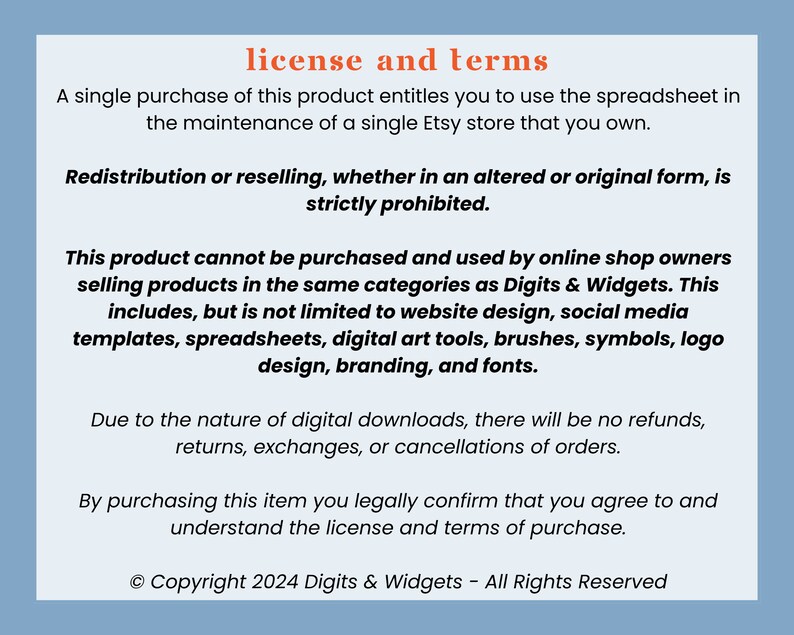 Pode incluir: Gr&aacute;fico azul claro com texto laranja "license and terms". O texto detalha os termos de uso, redistribui&ccedil;&atilde;o e pol&iacute;ticas de reembolso de um produto digital, incluindo informa&ccedil;&otilde;es de direitos autorais.