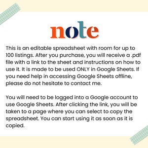 Pode incluir: Imagem de um produto digital com a palavra "note" em laranja e verde-azulado. O texto descreve uma folha de c&aacute;lculo edit&aacute;vel para 100 listagens, fornecida em PDF com instru&ccedil;&otilde;es para o Google Sheets.