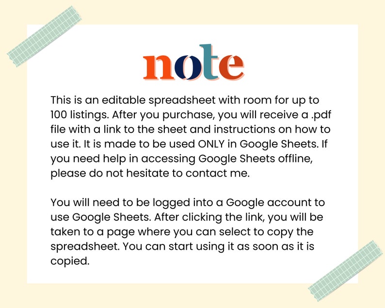 Pode incluir: Imagem de um produto digital com a palavra "note" em laranja e verde-azulado. O texto descreve uma folha de c&aacute;lculo edit&aacute;vel para 100 listagens, fornecida em PDF com instru&ccedil;&otilde;es para o Google Sheets.