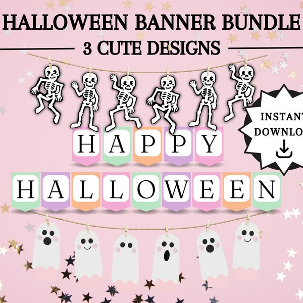 Halloween Banner Bundle, Printable Halloween Garland, Skeleton Garland, Ghost Garland, Happy Halloween Bunting Banner, Halloween Decor