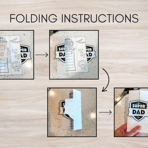 K&ouml;nnte beinhalten: Faltanleitung f&uuml;r eine Vatertagskarte. Die Schritte zeigen, wie man eine wei&szlig;e Karte mit den Aufschriften "Happy Father's Day" und "Super Dad" faltet. Die Karte hat ein schwarz-wei&szlig;es Design mit Sternen und einem Abzeichen.