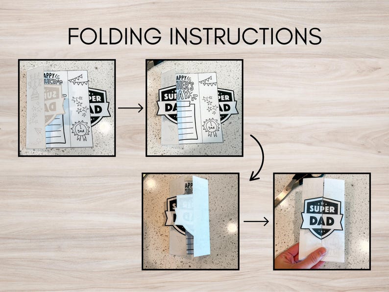 K&ouml;nnte beinhalten: Faltanleitung f&uuml;r eine Vatertagskarte. Die Schritte zeigen, wie man eine wei&szlig;e Karte mit den Aufschriften "Happy Father's Day" und "Super Dad" faltet. Die Karte hat ein schwarz-wei&szlig;es Design mit Sternen und einem Abzeichen.