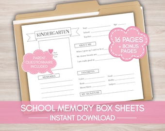May include: A printable school memory box sheet for kindergarten, featuring fill-in-the-blank sections for memories, favorites, and a parent questionnaire. Includes 16 pages plus bonus pages. The design is on a white background with pink accents and text that reads "School Memory Box Sheets - Instant Download."