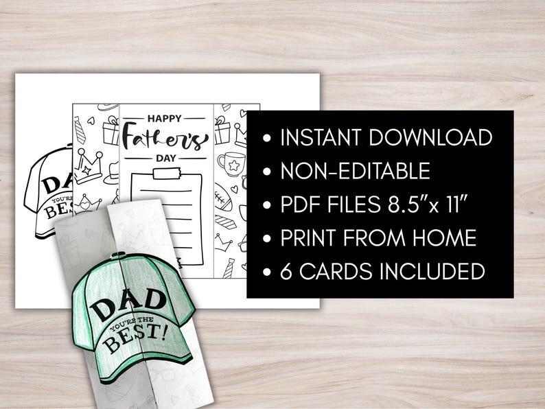 K&ouml;nnte beinhalten: Ein druckbares Vatertagskarten-Set mit einem Baseballkappen-Design mit dem Text "Papa, du bist der Beste!" Das Set enth&auml;lt sechs Karten, ist nicht editierbar und steht als Sofort-Download im PDF-Format, 21,59 cm x 27,94 cm, zur Verf&uuml;gung.