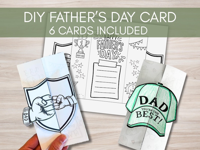 K&ouml;nnte beinhalten: DIY-Vatertagskarten-Set mit sechs Karten. Die Karten zeigen Schwarz-Wei&szlig;-Illustrationen mit den Aufschriften "Happy Father's Day" und "Dad, You're the Best!". Die Karten sind zum Ausmalen gedacht.