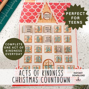 Peut inclure: Un calendrier de l'avent de Noël avec un design de maison rouge et blanche. Chaque jour propose un acte de gentillesse différent à réaliser. Le texte indique "Complétez un acte de gentillesse chaque jour" et "Actes de gentillesse compte à rebours de Noël".