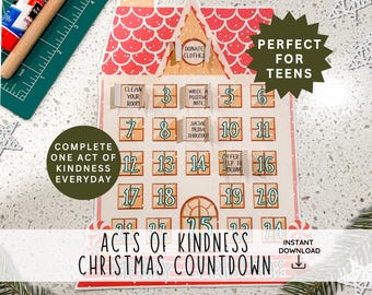 Op de afbeelding: Een kerst-aftelkalender met een rood en wit huisontwerp. Elke dag bevat een andere daad van vriendelijkheid om te voltooien. De tekst luidt "Voltooi elke dag een daad van vriendelijkheid" en "Daden van vriendelijkheid Kerst-aftelling".