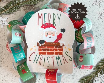 May include: A festive Christmas advent calendar featuring a Santa Claus illustration emerging from a chimney, with the words "MERRY CHRISTMAS" in a whimsical font. The calendar includes paper chain links with countdown days and holiday-themed graphics.