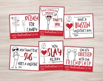 May include: Six printable Valentine's Day cards featuring stick figures with different messages. The cards have a red and white color scheme with black text.