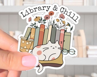 Library & Chill Sticker, Book Lovers Vinyl Reading Stickers, Cute Cat Decal, Laptop Kindle Decor Stocking Stuffers