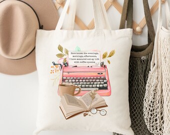 Floral Tote Bag, Aesthetic Canvas Tote, Vintage Pink Typewriter Totebag, T.S. Eliot Gift, Floral Teacher Tote, Book Lovers Tote Bag for Moms