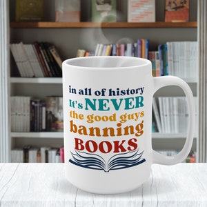 Good Guys Never Ban Books Mug for Book Lovers, Coffee Mug, Tea Cup, Gift for Librarian, Retro 80s Rainbow Mug