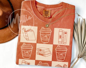 Comfort Colors® Boeken & Pompoen Spice Koffie Shirt, Herfst T-shirt voor Boekenliefhebbers, Cadeau voor Bibliothecarissen, T-shirt voor Leesdocenten, Vintage Stijl Top voor Boekenwurm