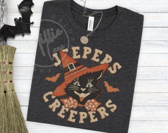 T-shirt vintage Halloween chat noir, chemise Halloween saison effrayante, t-shirt chat sorcier inspiré des années 1940, cadeau d'Halloween pour amoureux des chats