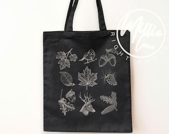 Vintage Fall Print Tote Bag, Winter Nature Lover Gift Bag, Dark Academia Gifts, Black Cotton Canvas Tote Bag, Forestcore Aesthetic Tote