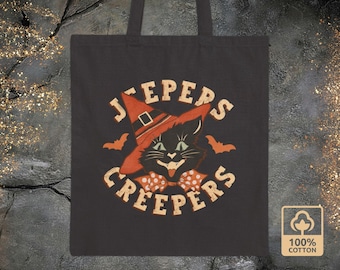Vintage-Halloween Canvas Tote Bag, Witchy Book Lover Gift, Goblincore Cottagecore Bag, Spooky Season Cotton Totebag