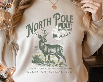 North Pole Christmas Crewneck Sweatshirt, Vintage Vibes Reindeer Wildlife Protection Shirt, Xmas Wildlife Lovers Gift, Deer Hunter Sweater