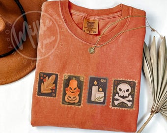 Vintage Halloween Stamp Shirt, Comfort Colors® Halloween Tee, Retro Ghost Pumpkin Shirt, Cute Fall Shirt, Spooky Season Shirt for Women