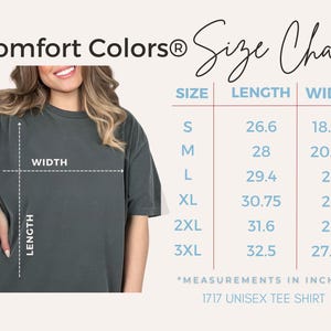 May include: Size chart for a unisex t-shirt, showing measurements in inches for sizes S to 3XL. The chart shows the length and width of the shirt.