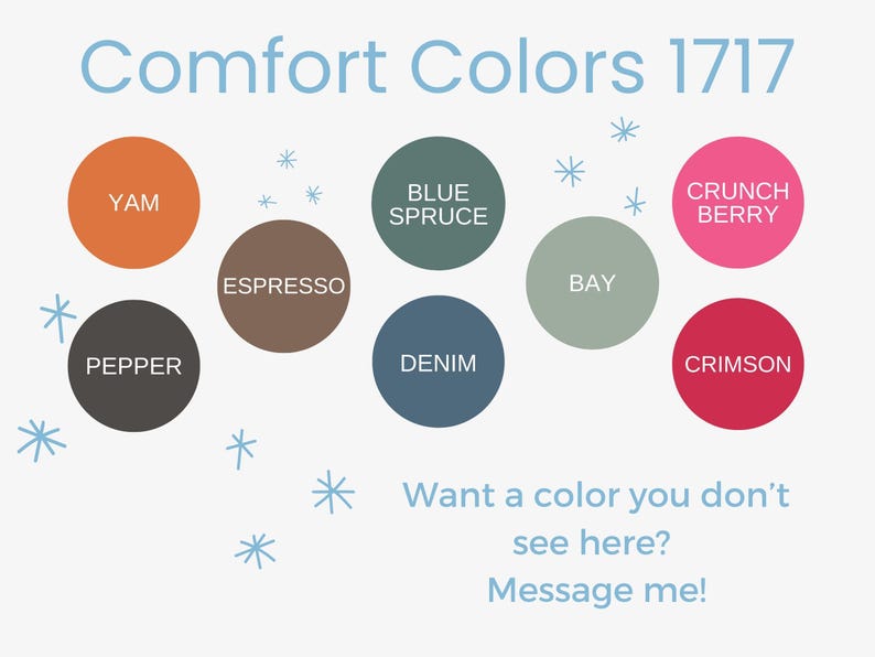May include: A colour palette with the names "YAM", "PEPPER", "ESPRESSO", "BLUE SPRUCE", "DENIM", "BAY", "CRUNCH BERRY", and "CRIMSON". The text "Comfort Colors 1717" is at the top of the image.