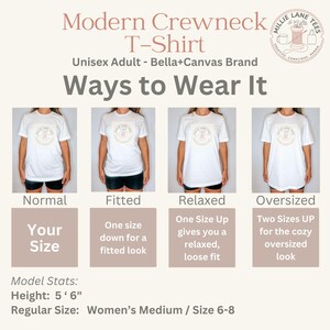 May include: A white crewneck t-shirt shown in four different fits: normal, fitted, relaxed, and oversized. The text reads Modern Crewneck T-Shirt, Ways to Wear It, and includes model stats of 5' 6" height and a regular size of medium.
