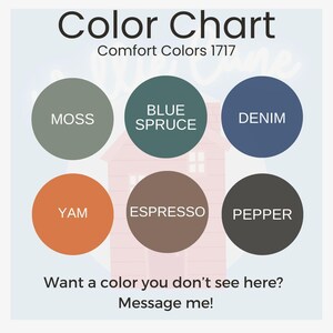 Peut inclure: Un nuancier avec six pastilles de couleurs circulaires &eacute;tiquet&eacute;es : Moss, Blue Spruce, Denim, Yam, Espresso et Pepper. Le texte "Color Chart" et "Comfort Colors 1717" sont en haut. Le texte "Want a color you don't see here? Message me!" est en bas.