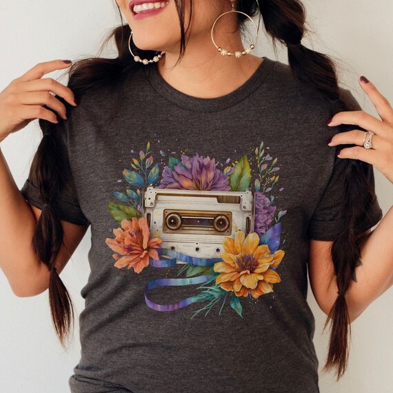 Vintage Flower Shirt, Retro Cassette Cottagecore Tee, Music Lover Gift, Floral Tee, Best Friend Birthday, Gift for Mom, Summer T-Shirts
