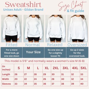 May include: Size chart for a unisex sweatshirt, showing measurements in inches for different sizes, from S to 5XL. The chart includes length, width, and sleeve measurements. The chart also includes descriptions of the fit for each size, including fitted, normal, relaxed, and oversized.