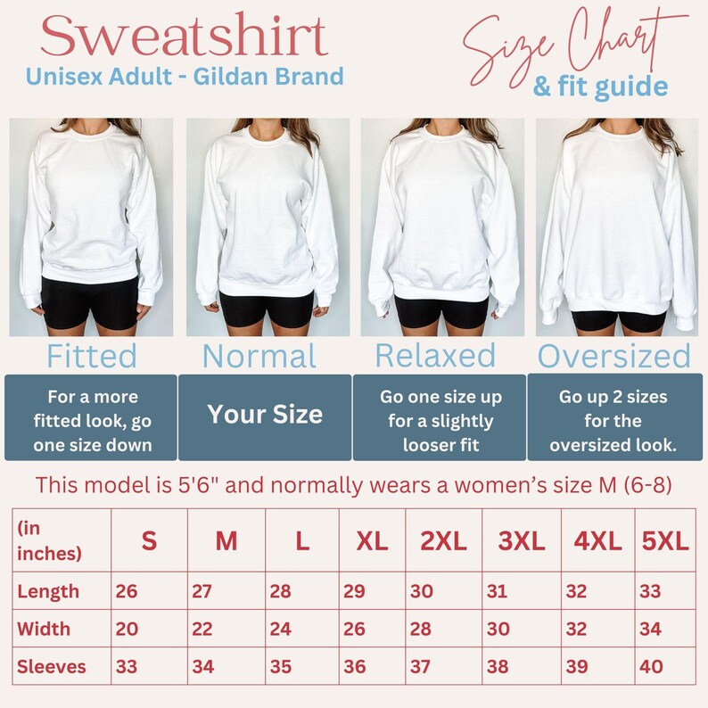 May include: Size chart for a unisex sweatshirt, showing measurements in inches for different sizes, from S to 5XL. The chart includes length, width, and sleeve measurements. The chart also includes descriptions of the fit for each size, including fitted, normal, relaxed, and oversized.