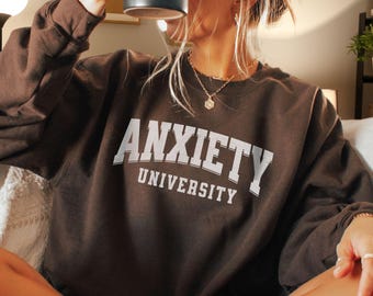 Ångest universitetströja - universitetsmental hälsa humor crewneck, rolig överdimensionerad vintage-stil collegetröja, introvert gåva