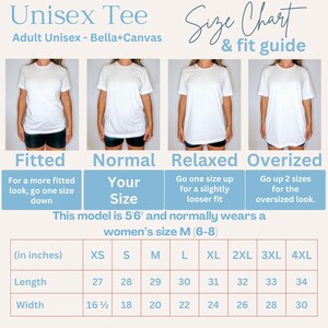 Puede incluir: Tabla de tallas para una camiseta unisex, con medidas en pulgadas. La tabla incluye medidas de largo y ancho para las tallas XS a 4XL. La imagen tambi&eacute;n muestra c&oacute;mo queda la camiseta: entallada, normal, holgada y sobredimensionada.